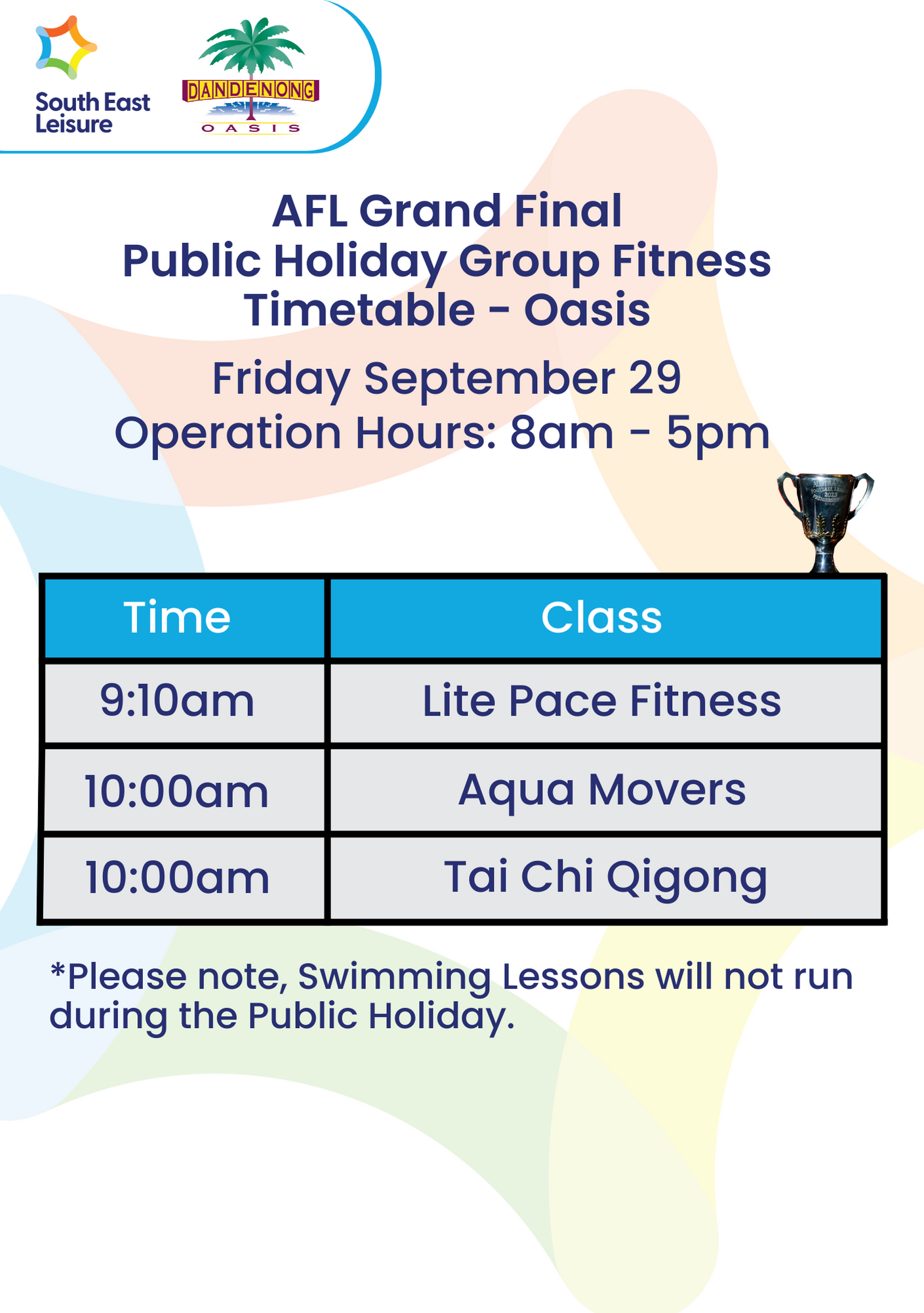AFL Grand Final Public Holiday Group Fitness Timetable & Operating Hours Dandenong Oasis